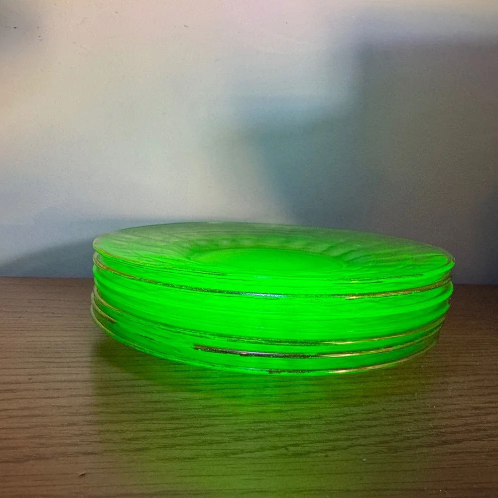 Set of 6 Vaseline Uranium Vintage Glass Saucers Gold Rimmed Dessert Small Plates